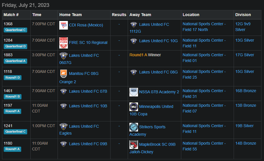 USA CUP LAKES UNITED CLUB SCHEDULE 20230721